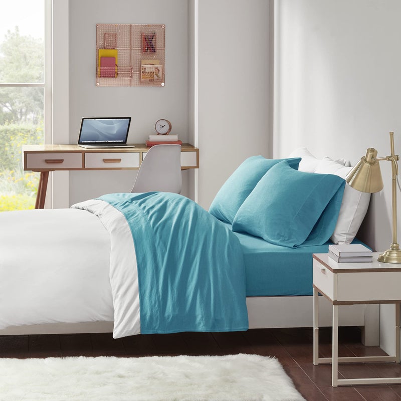 Intelligent Design Cotton Blend Jersey Knit Twin Bed Sheets , Coastal Cotton Bed Sheet , Teal Bed Sheet Set 3-Piece Include Flat Sheet , Fitted Sheet & Pillowcase - Image 1